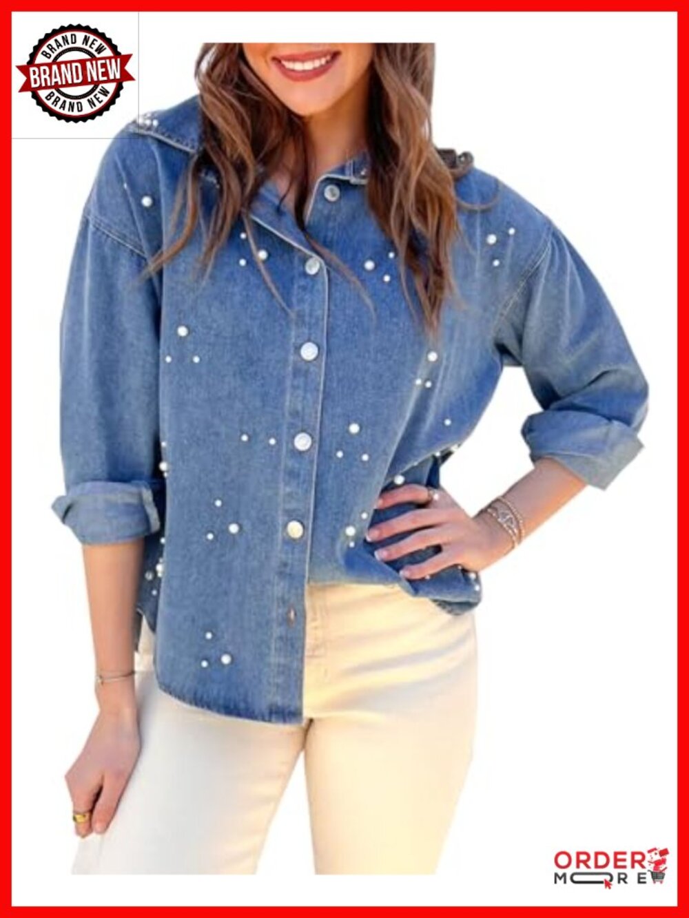 Oversized Denim Shacket Rhinestone Pearl Embroidered Button Down Long Sleeve